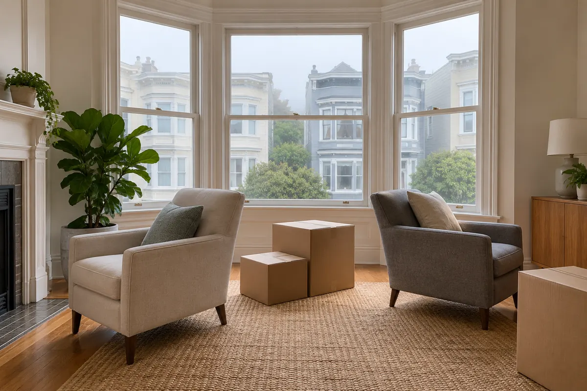 A bay-window room with two armchairs and a few boxes