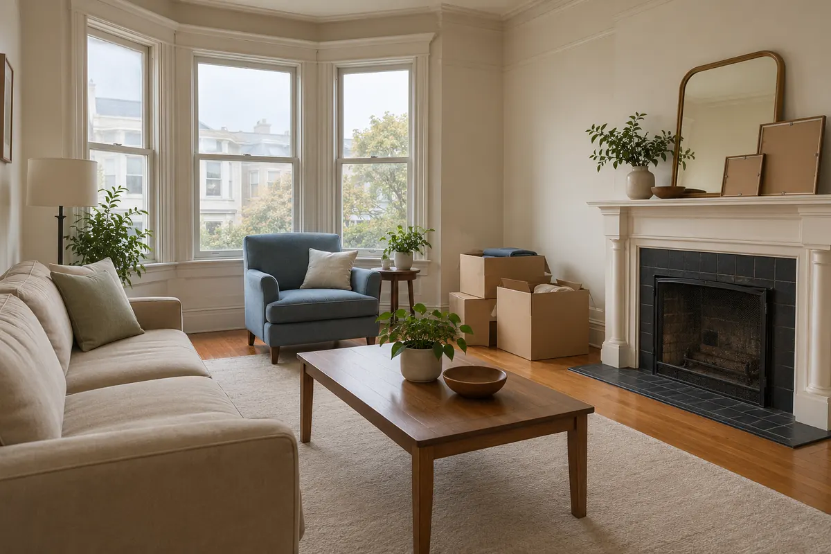 Living room of an older family home with a few packed boxes