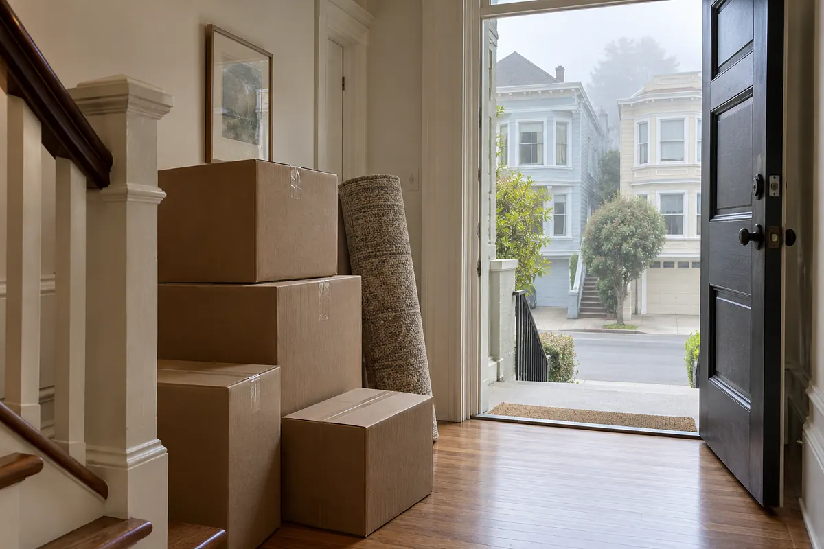 Moving boxes stacked by the front door of a house